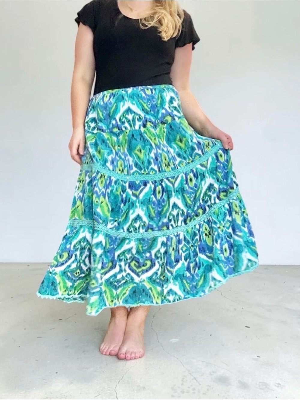 Notations Women’s Maxi Skirt L Boho Blue Green Flowy Lined 90s Y2K Ikat Sequin